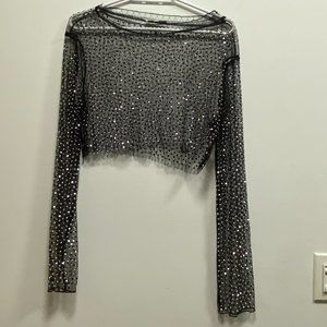 Black Rhinestone Mesh Crop Top